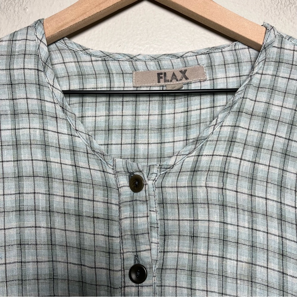 Flax Women 100% Linen Top Small Green Plaid Long Sleeve Buttons Coastal Lagenloo - Picture 3 of 10